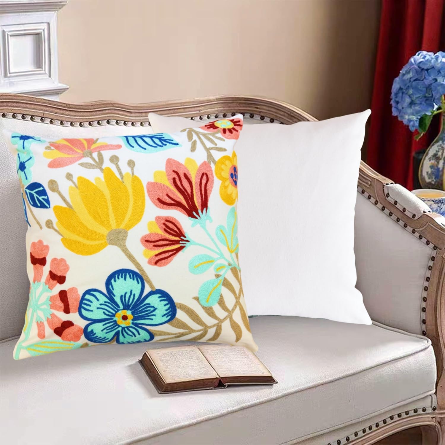 IcosaMro Pack of 2 Embroidered Floral Decorative Throw Pillow Covers 18x18 Inches Seasonal Blossom Embroidery Pillow Cases for Outdoor Couch Sofa Bedroom Living Room Decor Cotton Cushion Covers