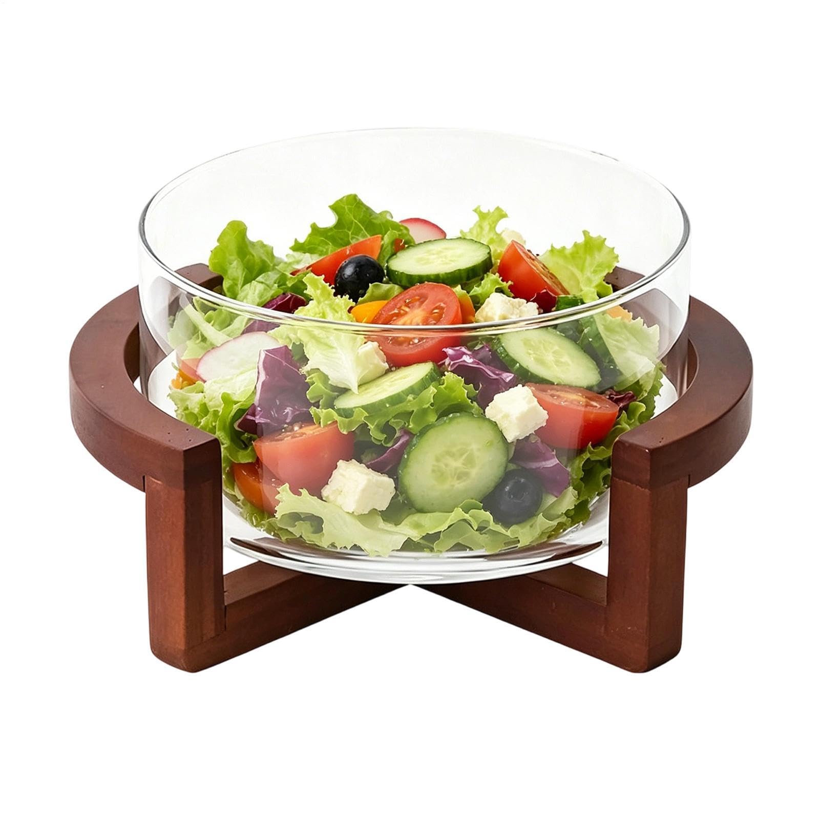 Grand Saladier en Verre Grand 1800 ml alimentaire avec Base en Bois | Bol Transparent Décoratif Pour Cuisine Familiale Dîner Buffet Pâtes Fruits Légumes Desserts Snacks
