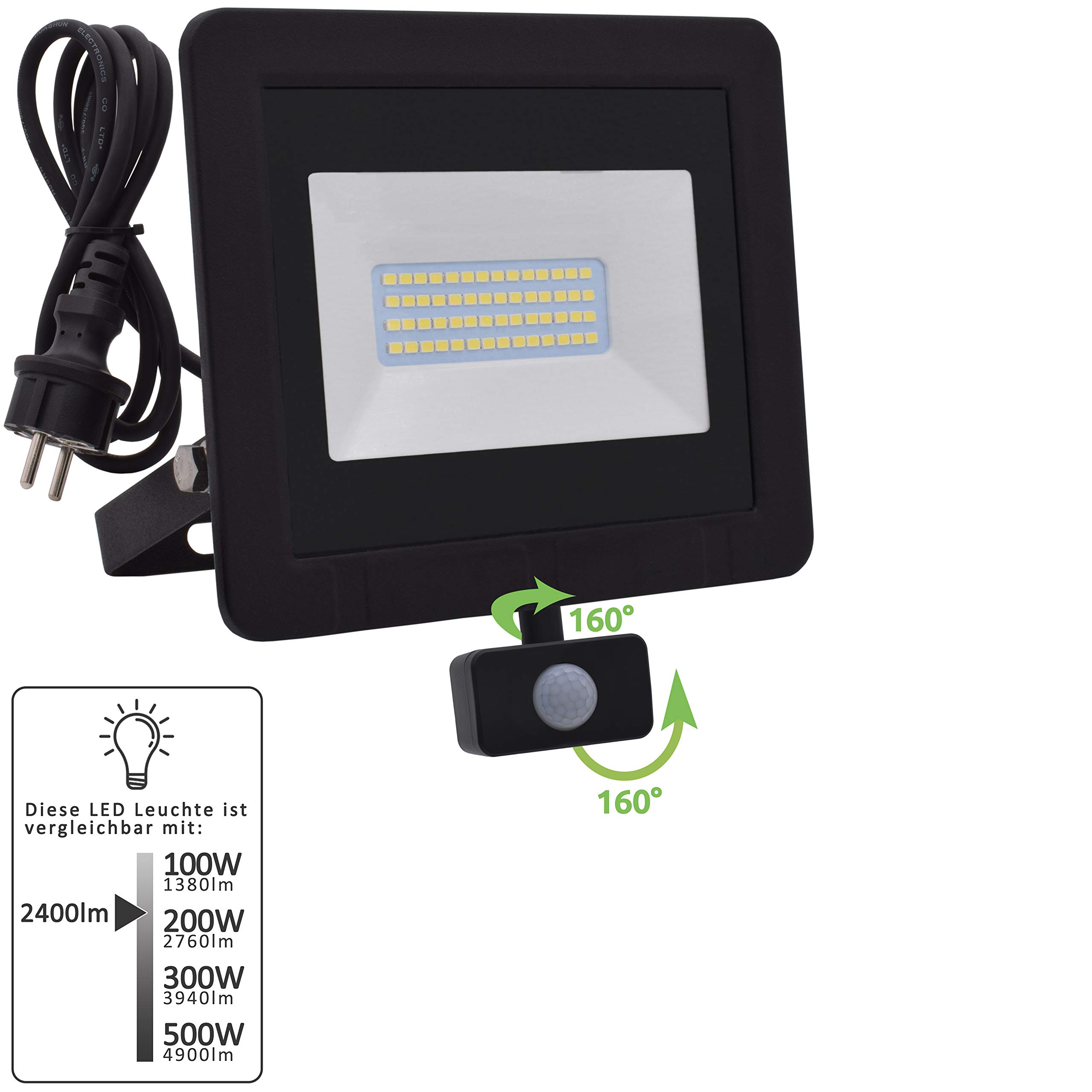 Lumare LED Projecteur 30W | avec détecteur de mouvement et fiche de raccordement | 3000lm | 3000K blanc chaud | Pour extérieur et intérieur IP65 | Projecteur remplace env. 200W