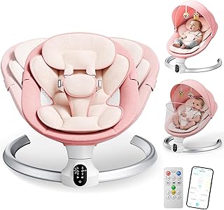 Electric Baby Swing,Helangel Electric Baby Bouncer with Mobile App and Remote Control Baby Swing Chair for Children up to 9 kg Weight with 5 Point Safety Harness (Pink)