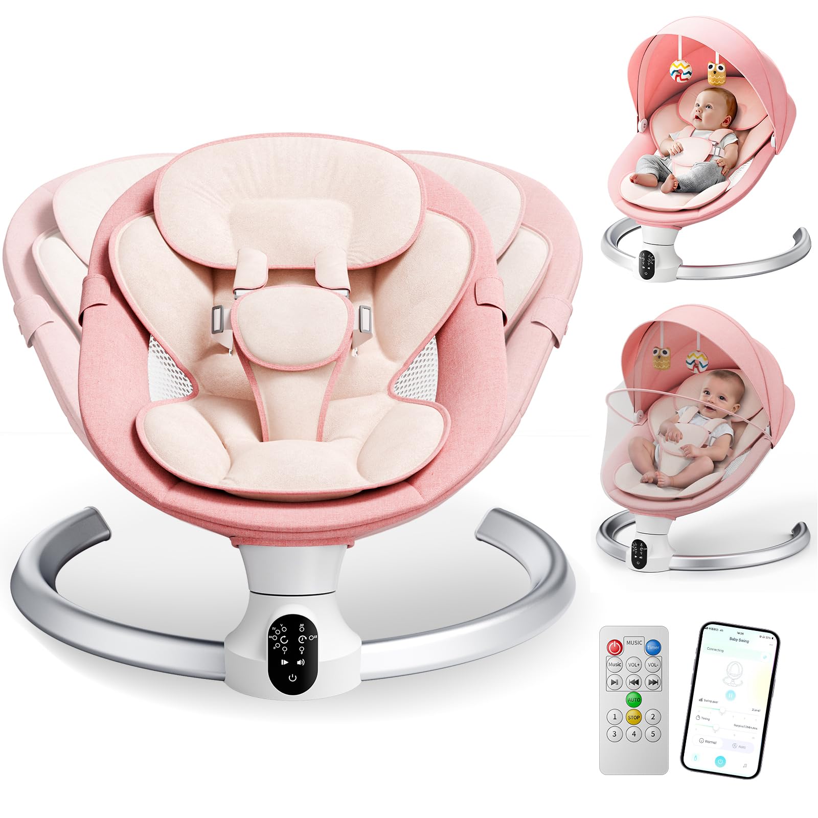 Electric Baby Swing,Helangel Electric Baby Bouncer with Mobile App and Remote Control Baby Swing Chair for Children up to 9 kg Weight with 5 Point Safety Harness (Pink)