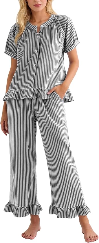 Flygo Womens Striped Pajama Sets Cotton 2 Piece Ruffle Lounge Pjs | Shor Puff Sleeve, Vertical Stripes, Button Down, Long Ankle Length Cut, Drawstring Pockets High Elastic Waist, Rest Sleepwear