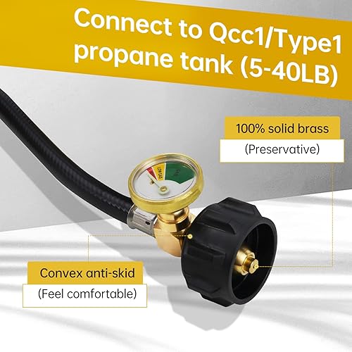 Miniatura 4 de Adaptador de recarga de propano, tanque de 1 libra, latón, conector QCC1, manguera de 36 pulgadas, 350 PSI, plata, 1 paquete