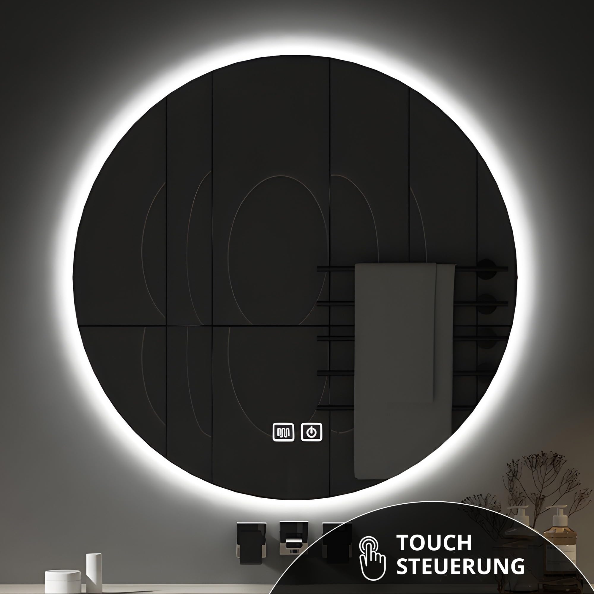 Bayt Badezimmerspiegel rund 60 cm, LED Beleuchtung, dimmbar, beschlagfrei
