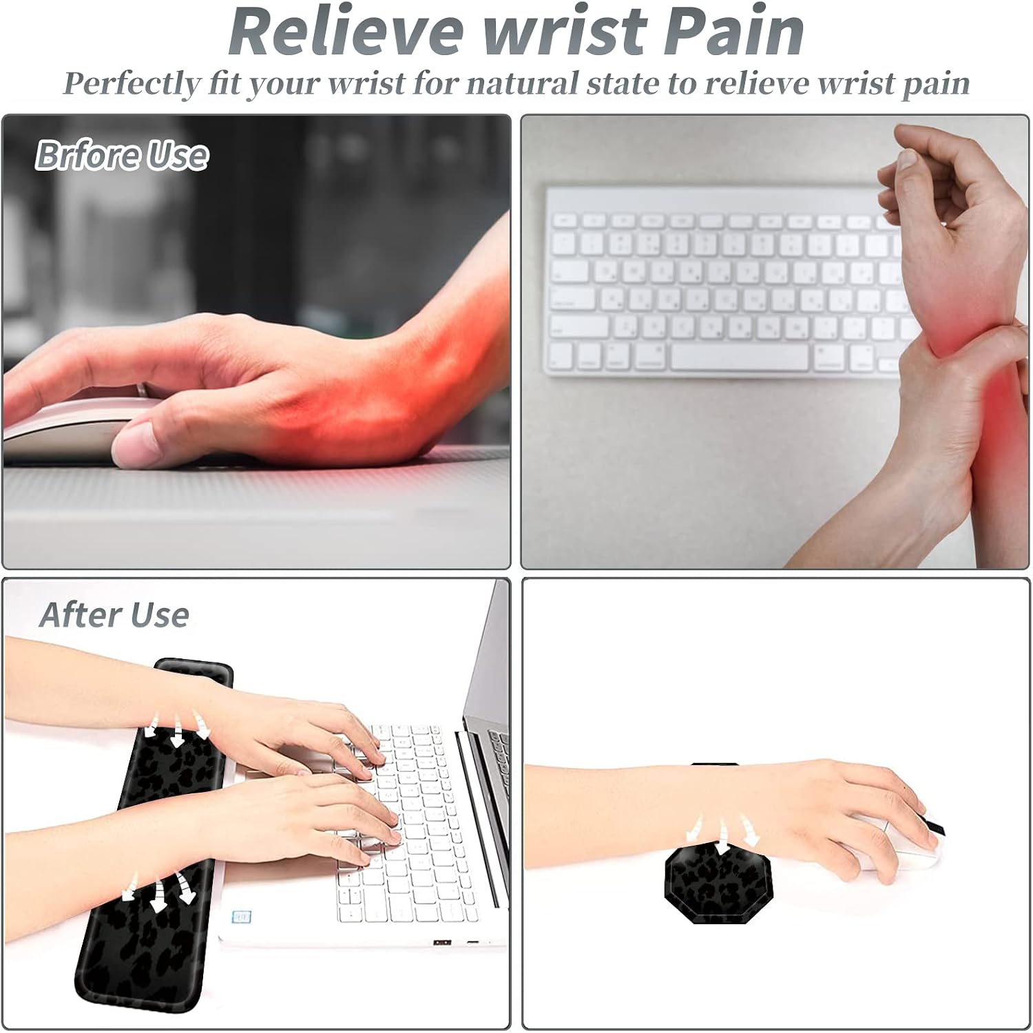 3Pcs Mouse Pad Set, Black Leopard Large Gaming Mouse Pad with Stitched Edge, Ergonomic Memory Foam Keyboard Wrist Support and Mouse Wrist Rest Cushion, Pain Relief Non-Slip Desk Pad Combo