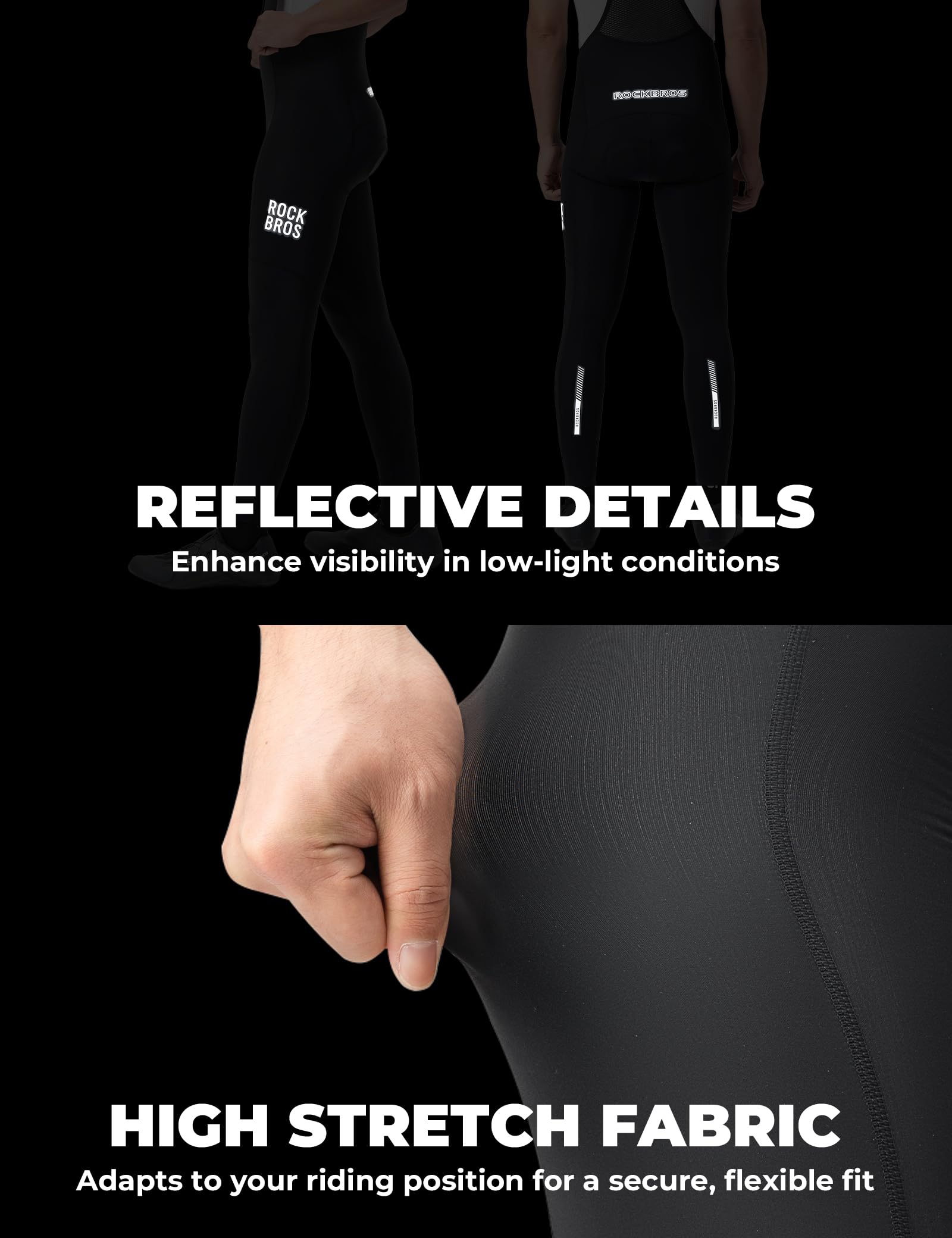 ROCKBROS Salopette da Ciclismo Uomo, Pantaloni Lunghi Bici con Bretelle | con Fondello Imbottito 3D, Traspirante e Elastico, Asciugatura Rapida, per Bici da Strada MTB, Nero, M
