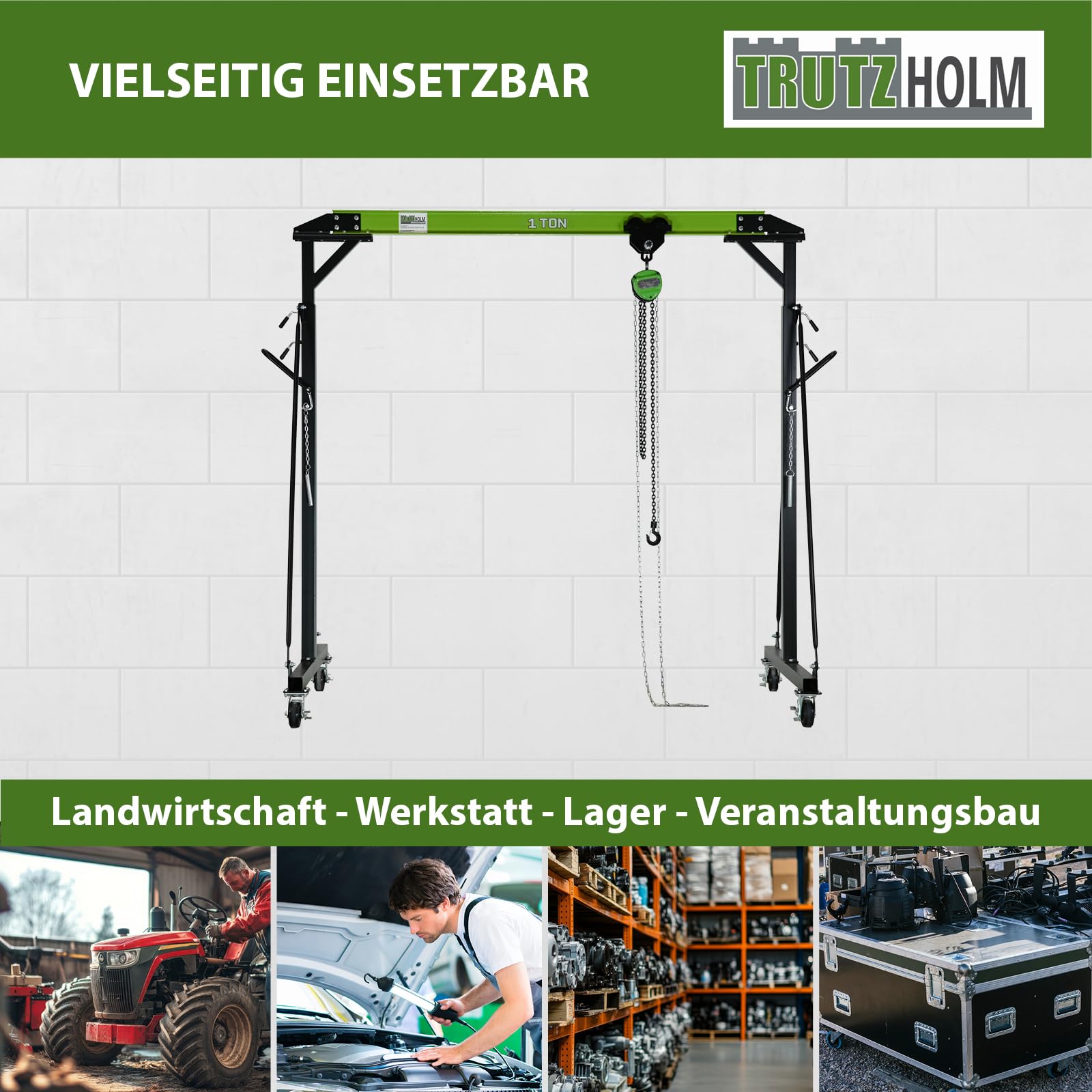 TRUTZHOLM Portalkran mit Laufkatze I Tragkraft 1 t I Stahl I Hubhöhe 2400-3600 mm I Durchfahrtsbreite 2400 mm I Mobiler Kran mit 360 Grad Lenkrollen I Brückenkran Portalhubkran für Werkstatt Lager