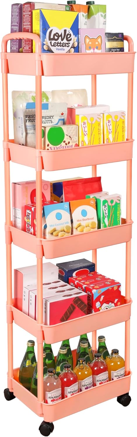 Vtopmart 5 Tier Rolling Cart with Wheels, Detachable Utility Storage Cart with Handle and Lockable Casters, Storage Basket Organizer Shelves, Easy Assemble for Bathroom, Kitchen, Pink