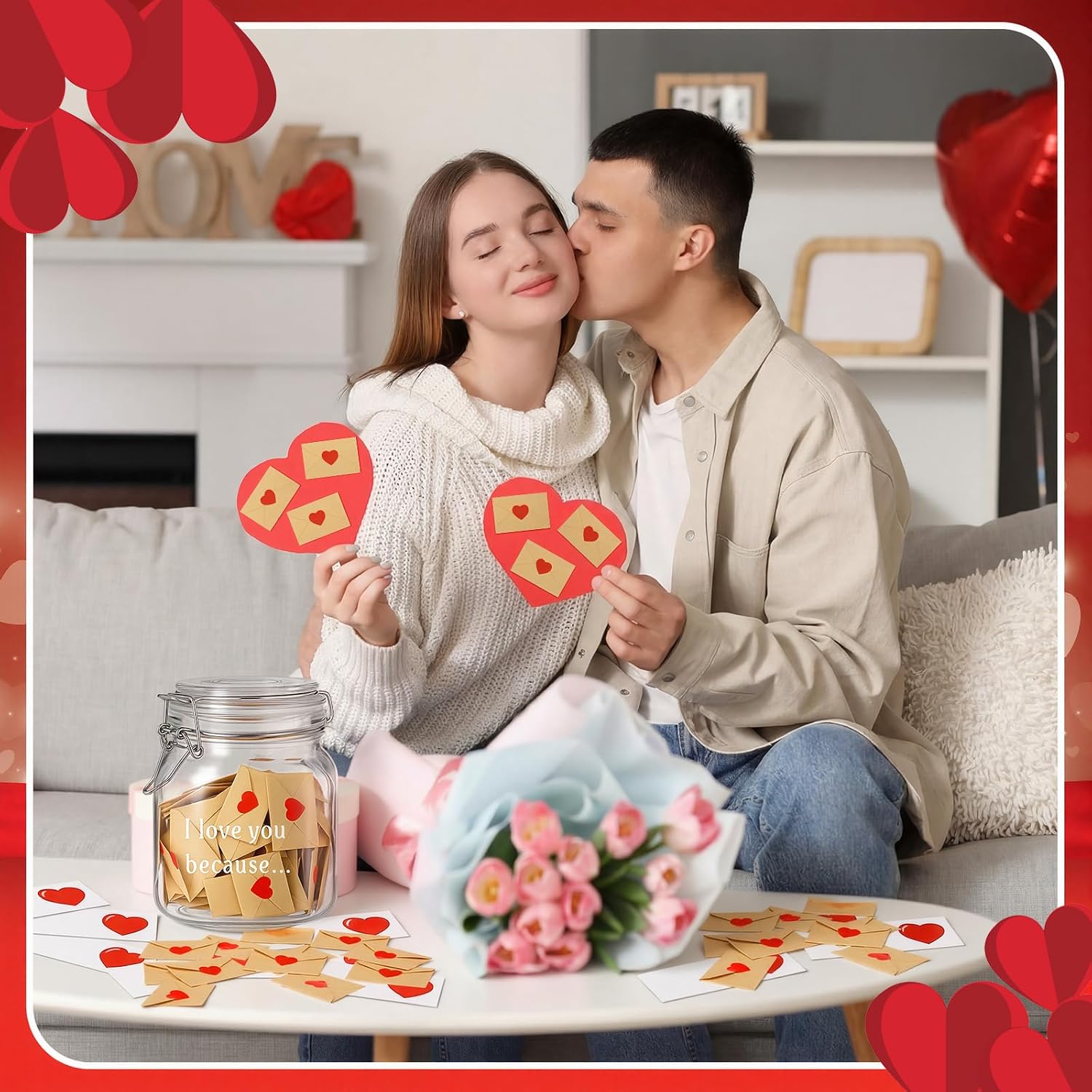 Feifeiya Love Notes Jar I Love You Because Jar 100 Set Mini Notes Cards Envelopes Couple Gifts for Boyfriend Girlfriend Wife Husband Him Her Newlywed Gifts Graduation Wedding Anniversary Birthday