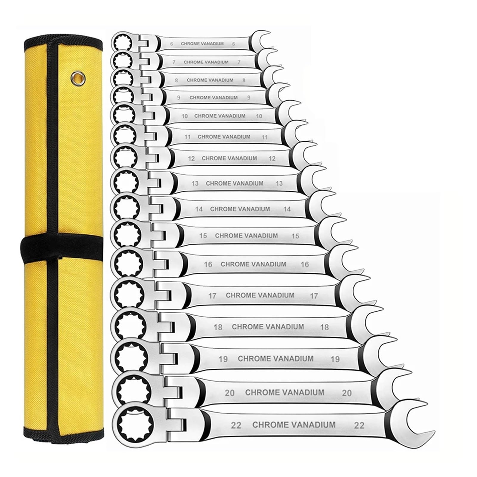 Zestaw kluczy płasko-oczkowych z grzechotką, klucz płasko-oczkowy, 6-23 mm, metryczny klucz grzechotkowy, stal chromowo-wanadowa, z torbą, 10 szt