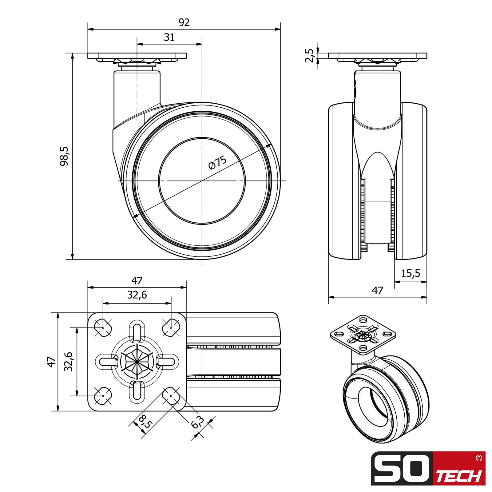 SOTECH 4er Set Premium Möbelrollen Düsseldorf Ø 75 mm (Höhe 98,5 mm, chrom/schwarz, 2x Lenkrollen, 2x Lenkrollen mit Bremse, Anschraubplatte 47 x 47 mm) Transportrolle für moderne Möbelstücke
