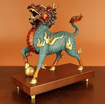 中国　古銅青銅　神獣　麒麟　紙鎮　置物　V　7950 中国工芸品 神獣麒麟（キリン）銅製 紹運 幸運 風水 置物