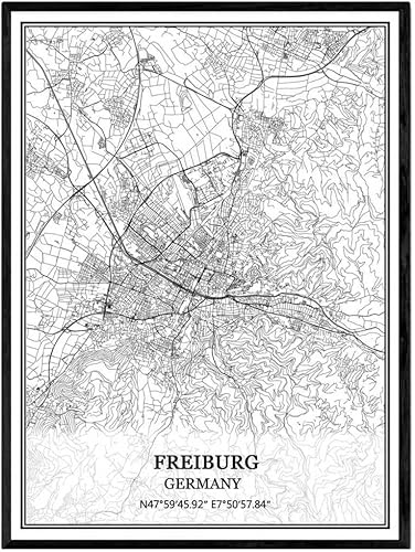 TANOKCRS Freiburg - Póster de arte de pared con mapa de Alemania sin marco, moderno, mapa blanco y negro, regalo de recuerdo para decoración del