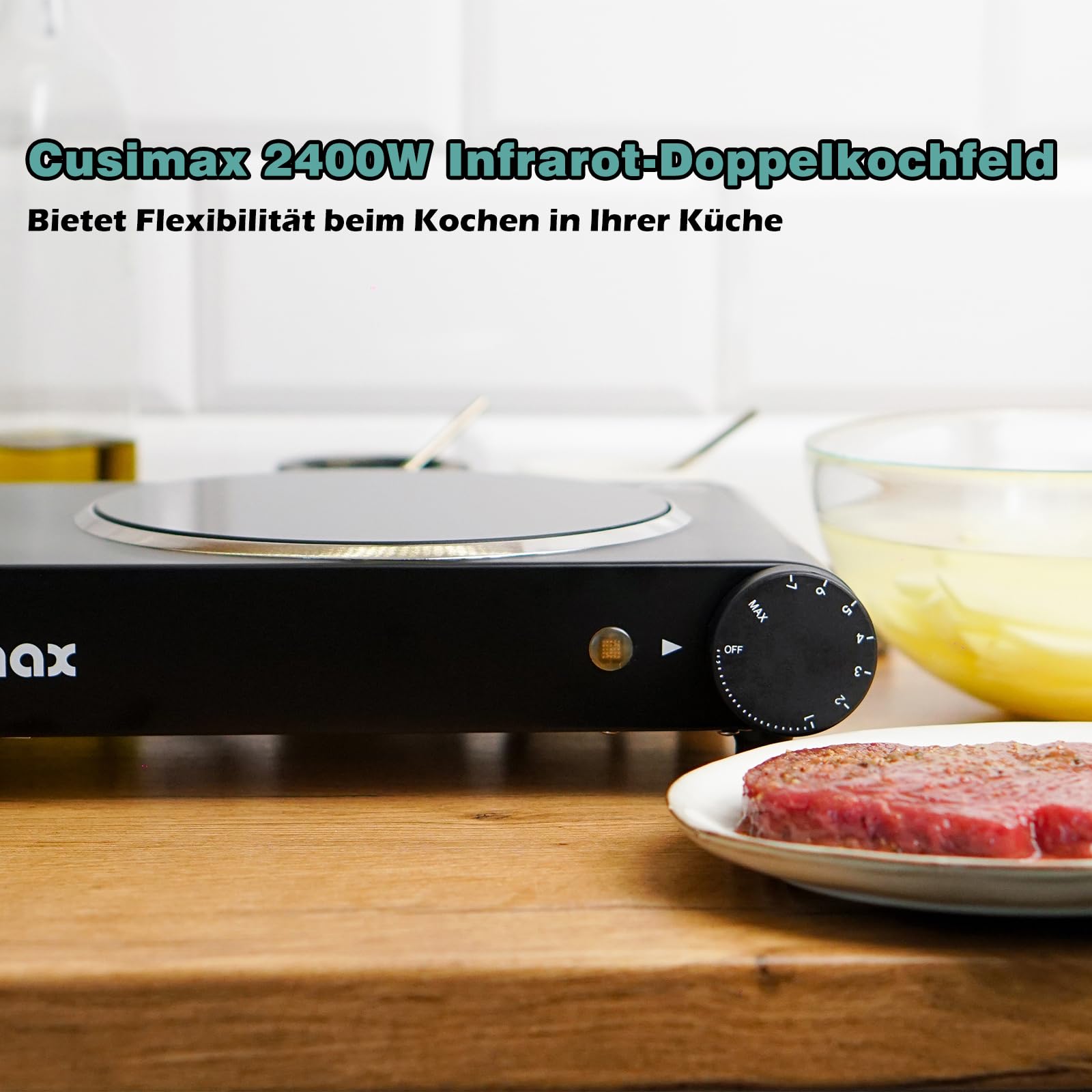 CUSIMAX Infrarot kochplatte 2er 1200W+1200W elektrisch herdplatte aus Glaskeramik, Tragbares doppel kochfelder mit Temperaturregelung für Outdoor/Indoor Use, für alle Topfarten, schwarzer Edelstahl
