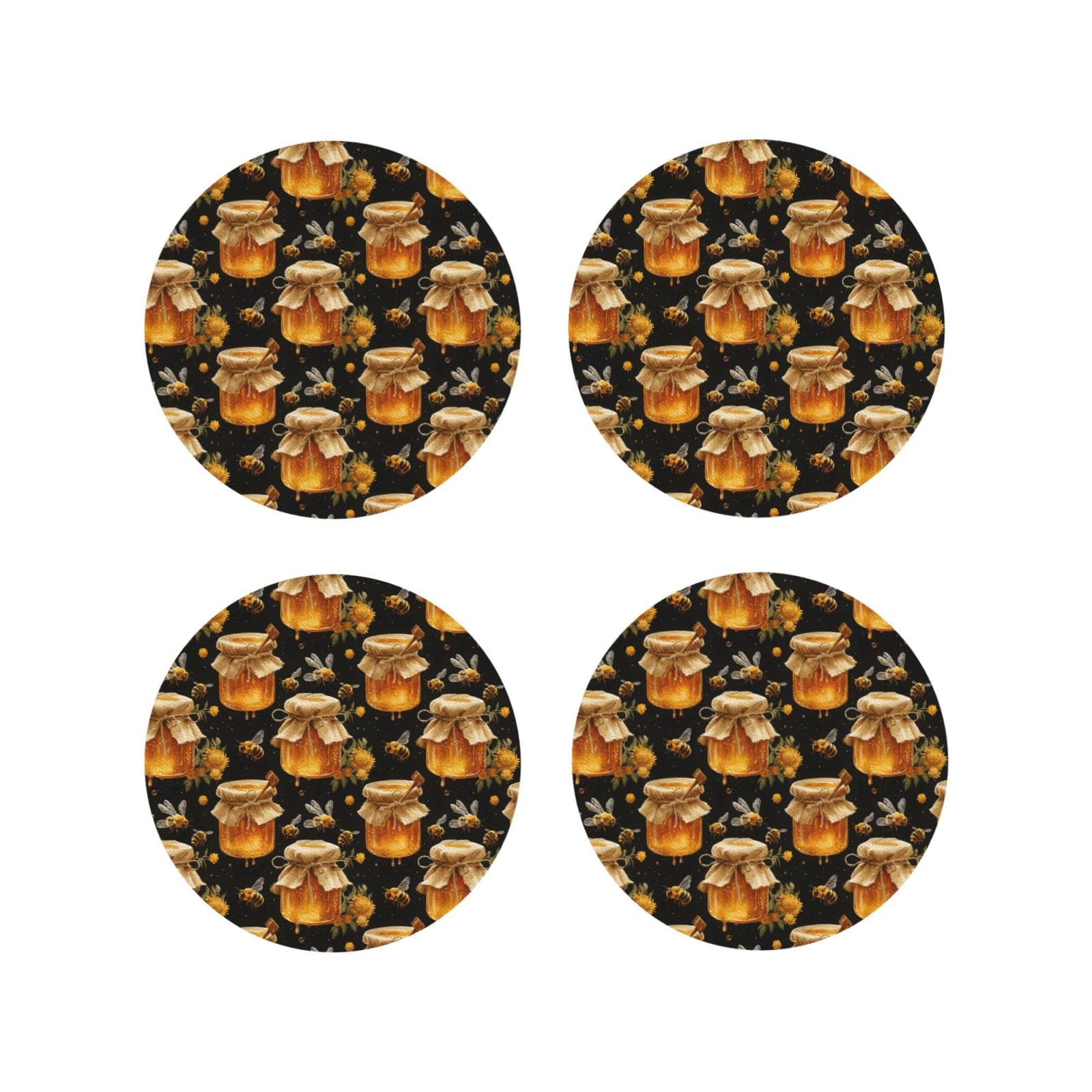 Leather Coasters Set of 4 - Cute Bees Honey Print Lightweight Drink Coasters for Desk