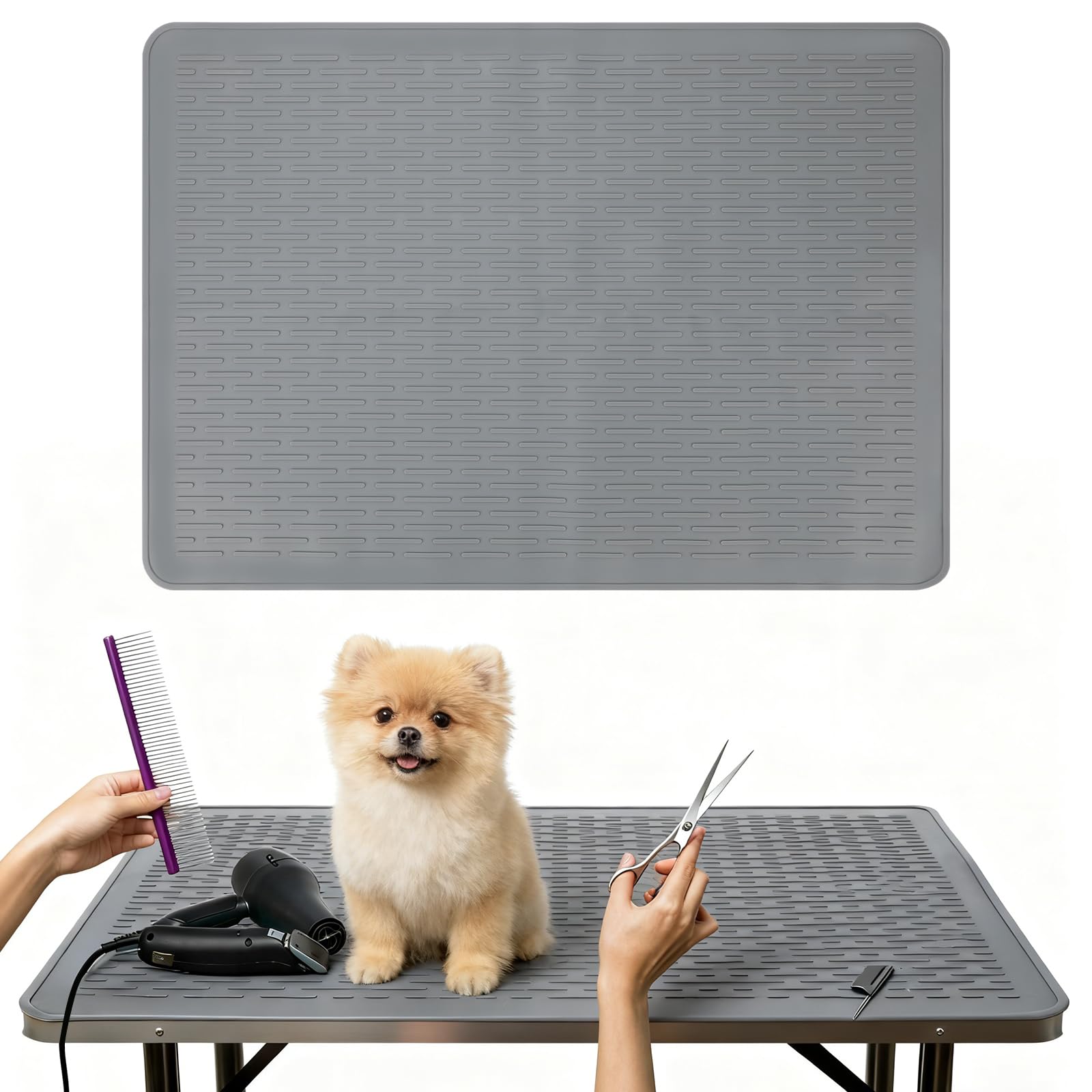 Dog Grooming Table Mat Pad Non Slip, Multipurpose Soft Pet Grooming Table Mats at Home, 28 x 19.7 Inch Silicone Durable Anti-Fatigue Groomer Mats Paw Protection Easy-Clean Cat Dog Bath Mat (Grey)