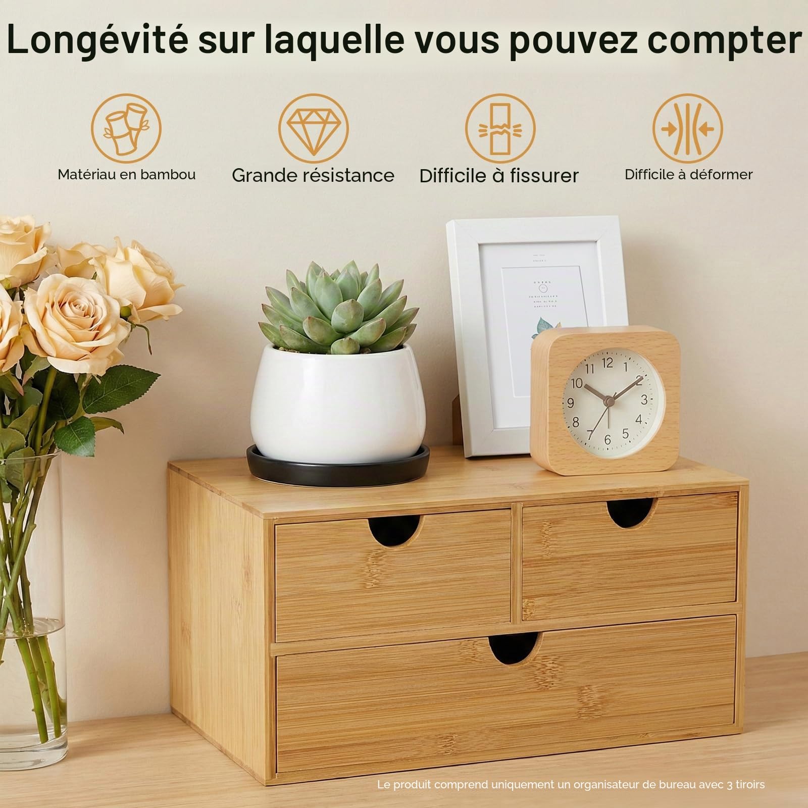 Organiseur de bureau en bambou avec tiroirs - Mini commode en bambou - Design monobloc - Boîte à maquillage avec 3 tiroirs - Pour bureau, salon et chambre à coucher