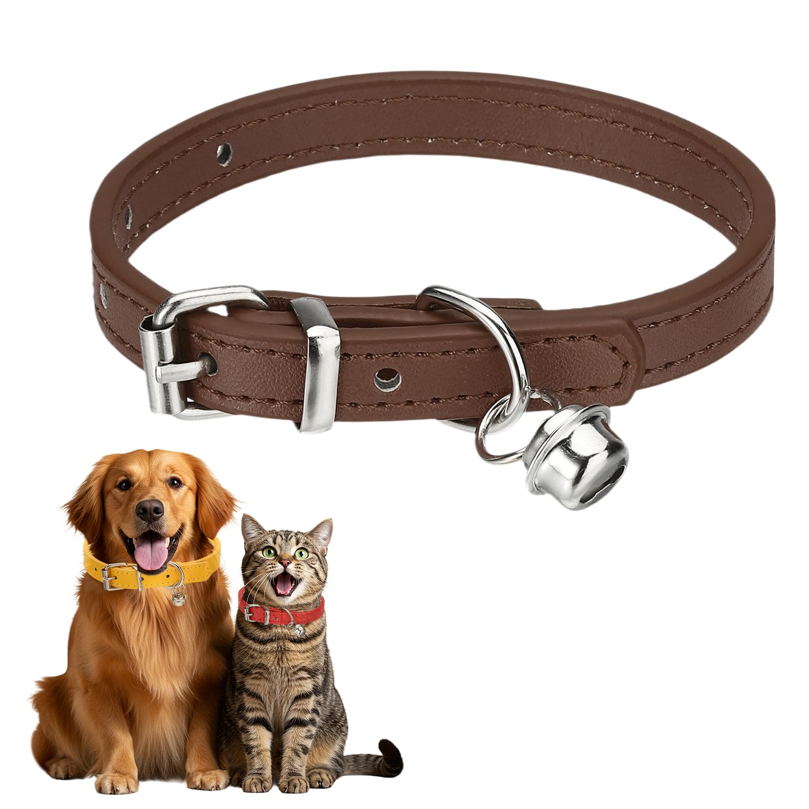 sourcing map Dog Collar with Bell, Pu Leather Cat Collars Pet Basic Soft Padded Adjustable Buckle, 10" (Brown, 1 Pcs), Intended for Teacup/Little Dog/Kitten Cats/Small Animals