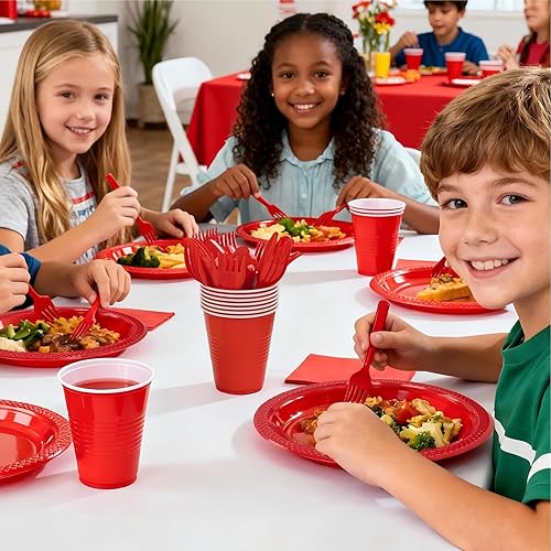 Miniatura 6 de WELLIFE 210 platos de plástico rojo, juego de vajilla desechable, suministros de fiesta de San Valentín que incluyen platos rojos, vasos de 12