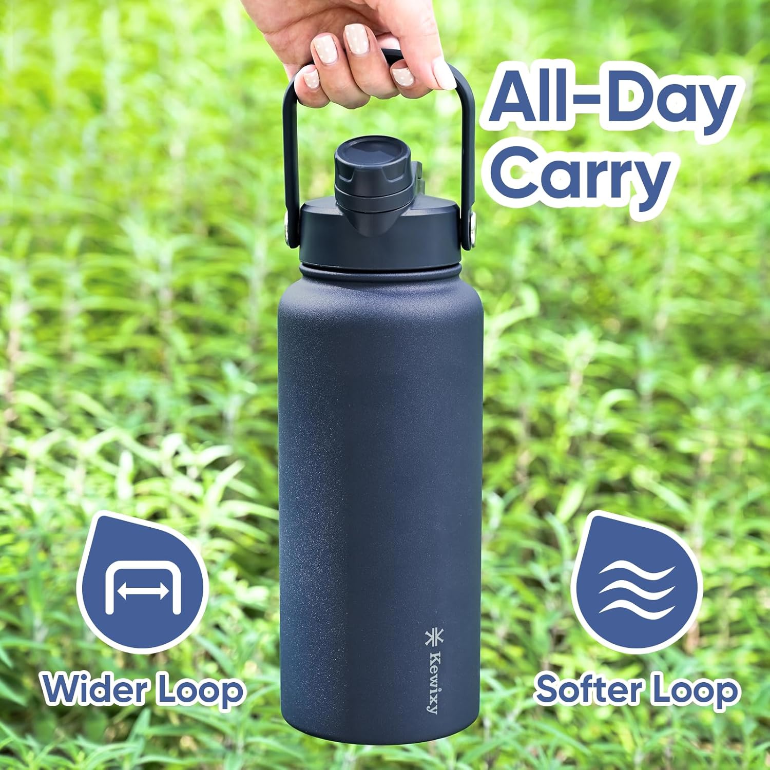 32 oz Insulated Water Bottle, 2-in-1 Lid, Straw & Spout with Protected, Leak Proof, Keep Cold, Stainless Steel, Metal, Reusable, Handle, for Outdoor, Gym and School, 2 Lids, Denim Blue - Image 4