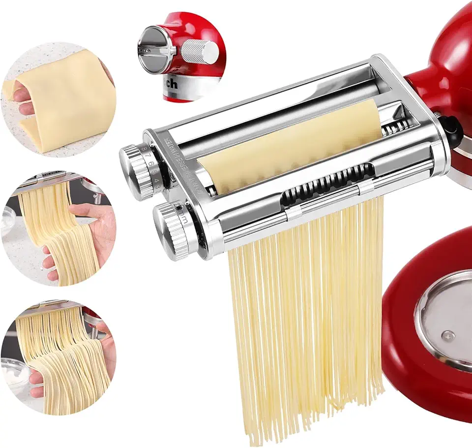 Pasta Noodle Maker Attachment Set for KitchenAid Mixers Plus Hub Knob Screw Accessory Included Dough Sheet Roller, Spaghetti &amp; Fettuccine Cutters-Unique Design
