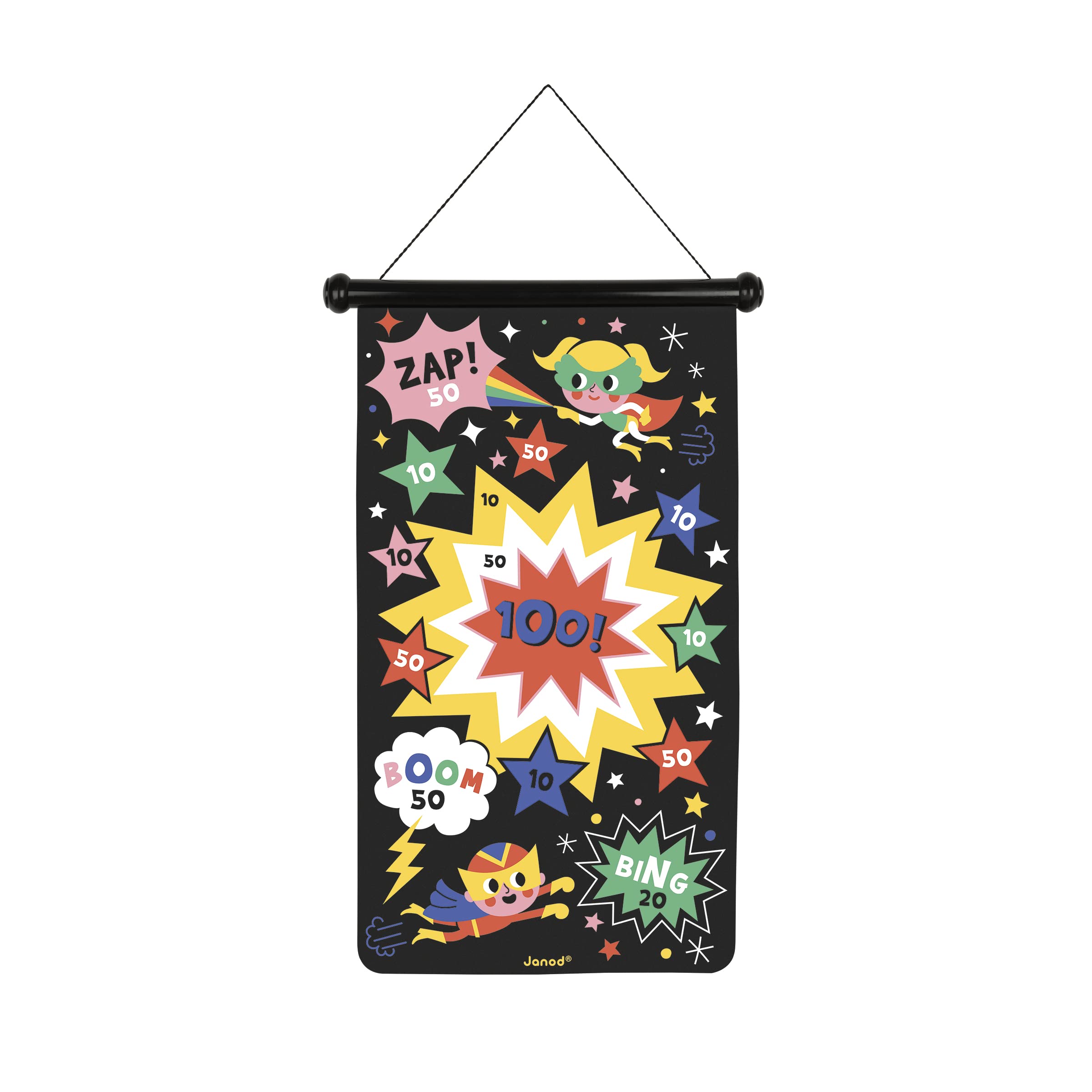 Janod - Jeu de Fléchettes Magnétiques Thème Super Héros - 6 Fléchettes Aimantées en Plastique - Jeu en Tissu Recto Verso - Dès 4 Ans, J02090