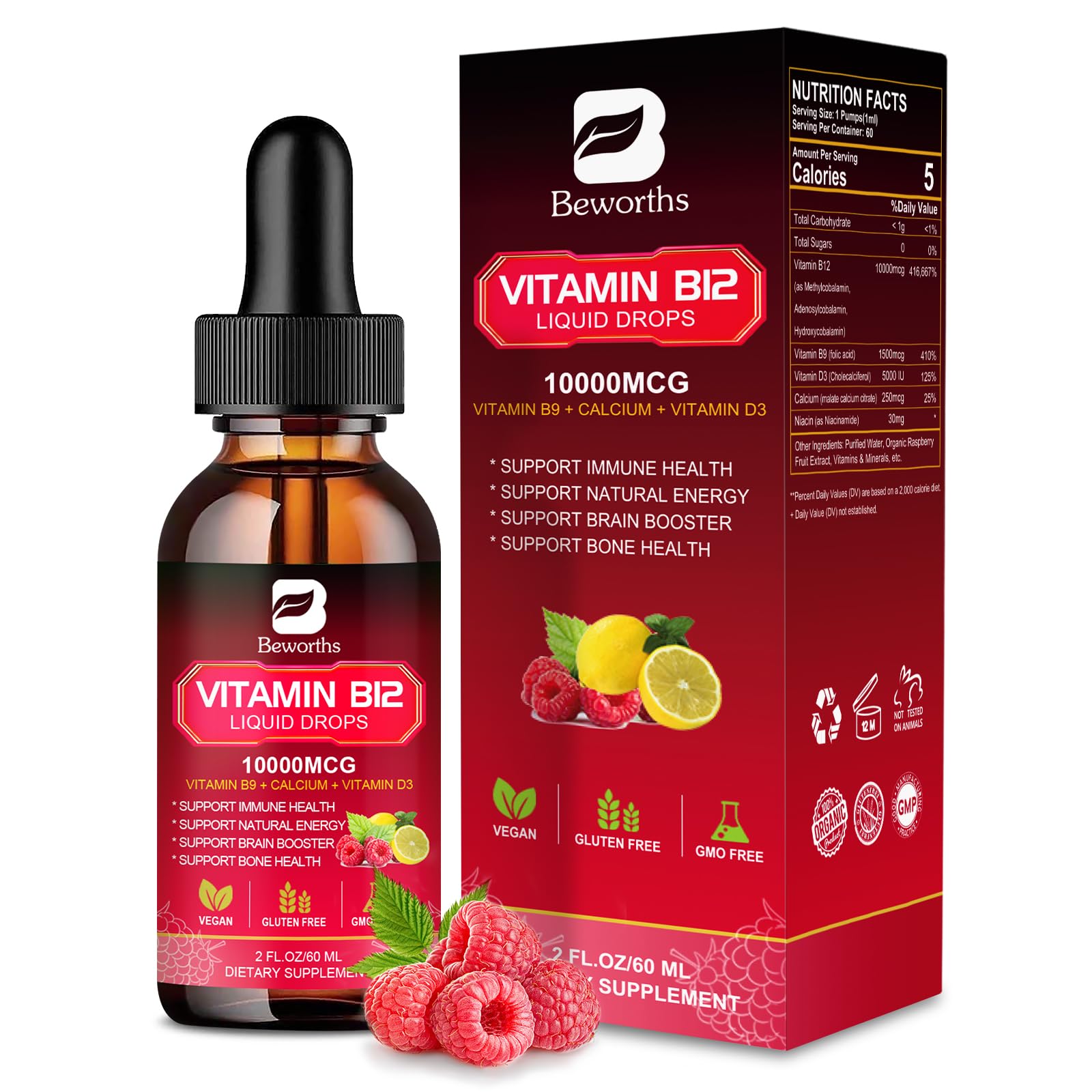 Vitamin B12 Liquid Drops 10,000 mcg, Methylcobalamin B12 Sublingual Fast Absorption, Supports Immunity, Energy & Brain, Vegan, Gluten Free, Non-GMO, Raspberry Flavor, 2 Month Supply, 2 fl oz