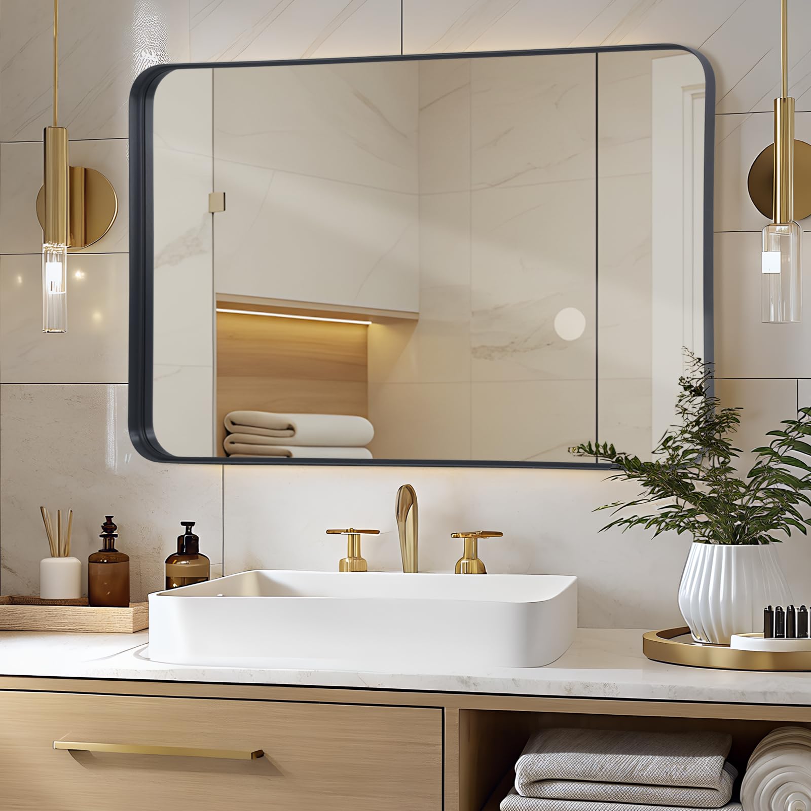 LunaMirror Wall Mirror 75x100 CM Wall-Mounted Bathroom Vanity Mirror Shadow Box Black Frame Wall Decor Rectangle Wall Hanging with Curved Corners for Hallway Entrance Living Room Bedroom
