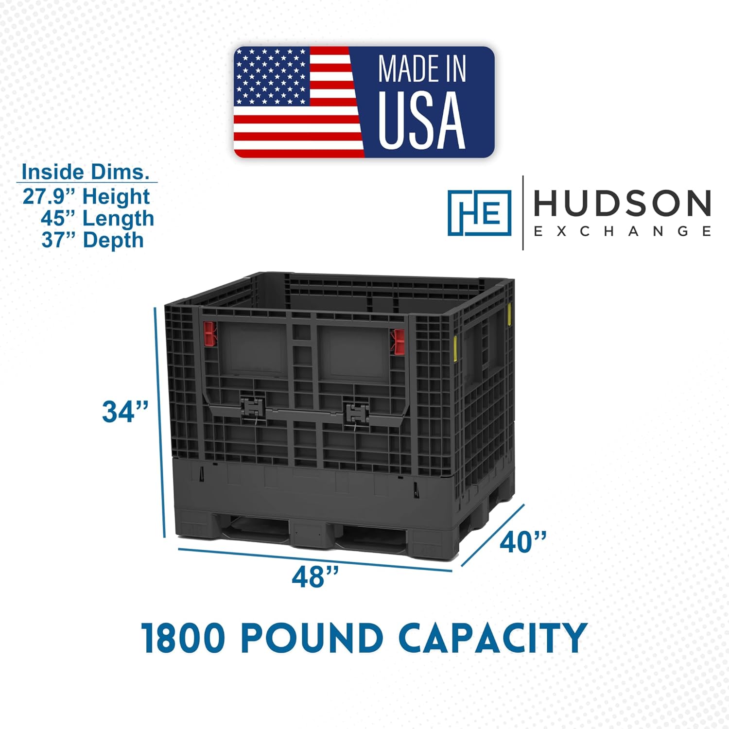 Hudson Exchange 48 x 40 x 34" (1800 lb Capacity) Collapsible Bulk Container With Access Doors (Container Only), Gray