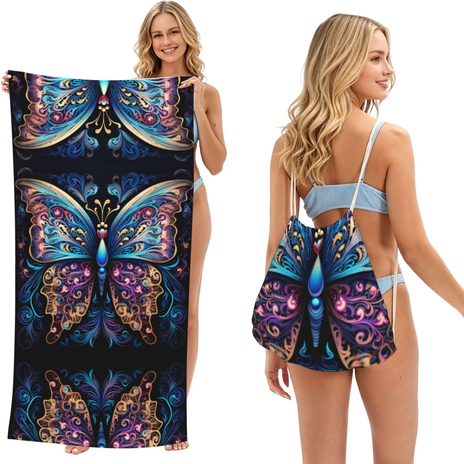 SXZVVBN Gorgeous Black Butterfly 2-in-1 Beach Towel Bag, Quick Dry Sand Free Travel Towel Backpack for Adults