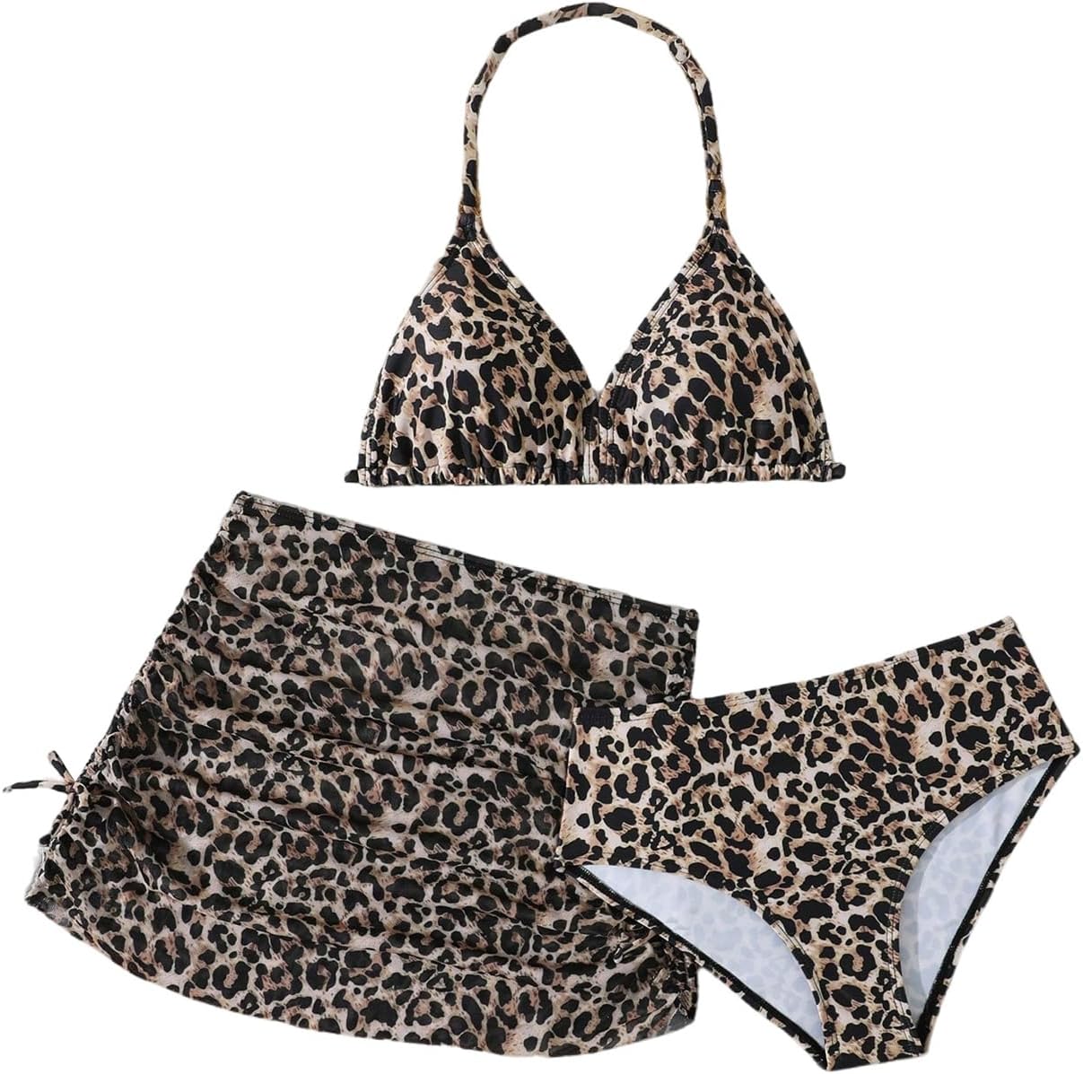 Floerns Girl's 3 Piece Swimsuit Cheetah Halter Bathing Suit and Beach Skirt Set