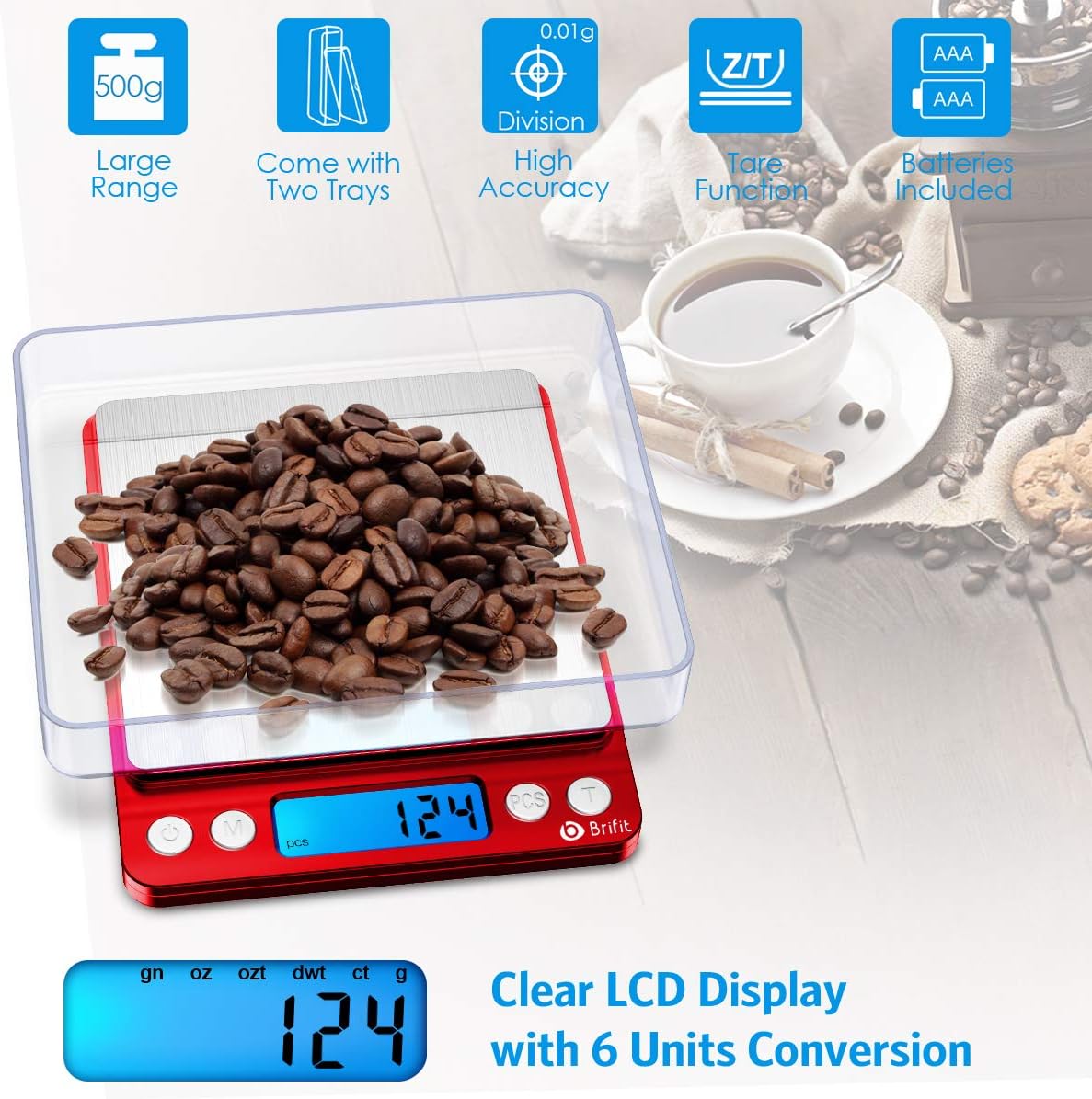 AMIR Digital Kitchen Scale weighing coffee beans, with a clear LCD display showing various unit conversions