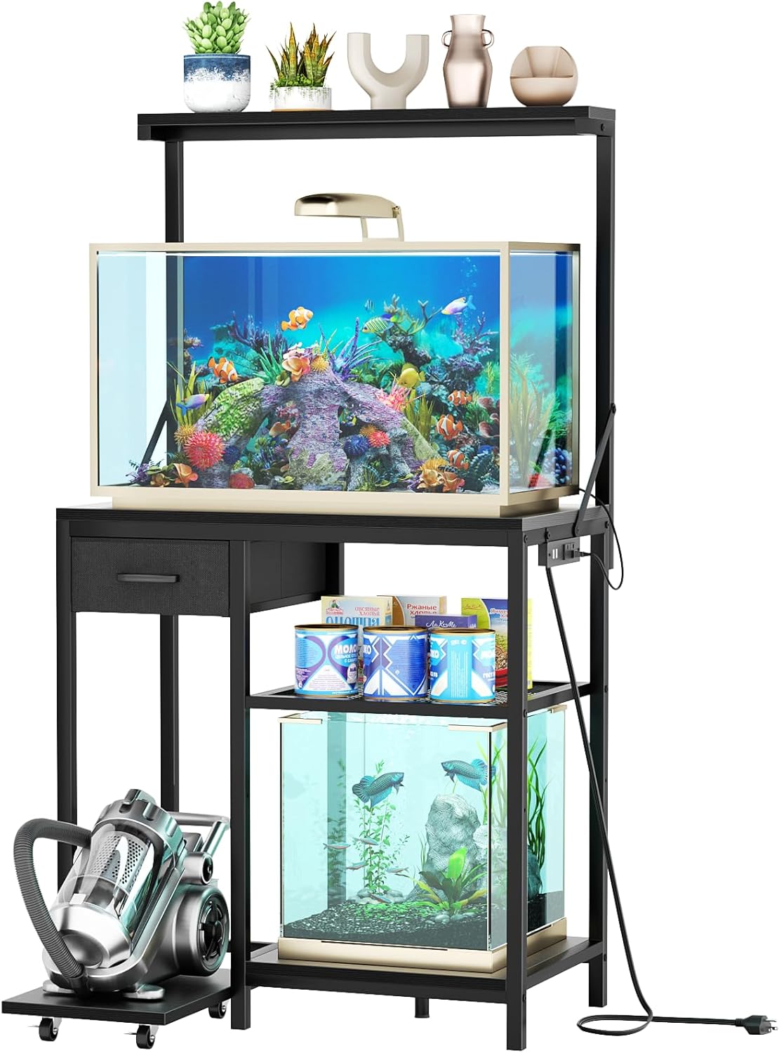 20-29 Gallon Fish Tank Stand with Power Outlet & Storage Drawer,4-Tier Metal Aquarium Stand with Adjustable Storage Shelves,400LBS Capacity Reptile Tank Stand for Home Office,Black