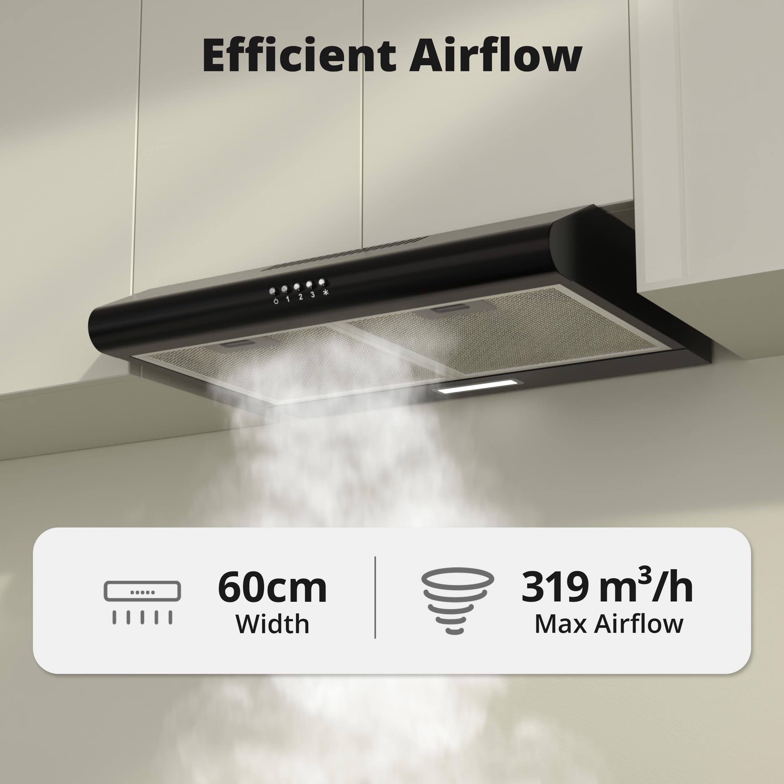 FIREGAS okap kuchenny 60 cm czarny, podtynkowy okap kuchenny 319 m³/h, klasa efektywności energetycznej A++, silnik bezszczotkowy, konwekcja okapu i powietrze wylotowe, 3 poziomy pracy, cicha praca, 2