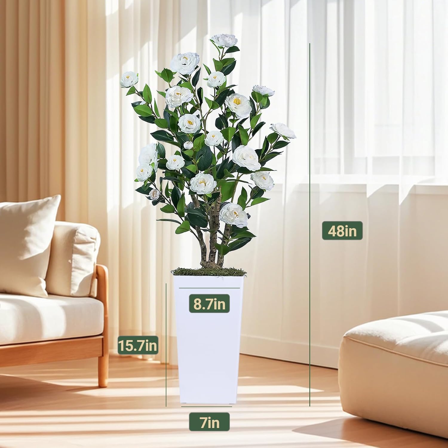 2Pack Artificial Camellia Tree with White Tall Planter – 4FT Faux Camellia Plant in Pot with White Flowers, Greenery Potted Plant for Indoor Outdoor Office Home Porch Decor