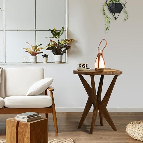 Miniatura 7 de Mesa auxiliar redonda de granja con parte superior de MDF y patas cruzadas, mesa auxiliar bohemia de mediados de siglo, moderna mesa decorativa