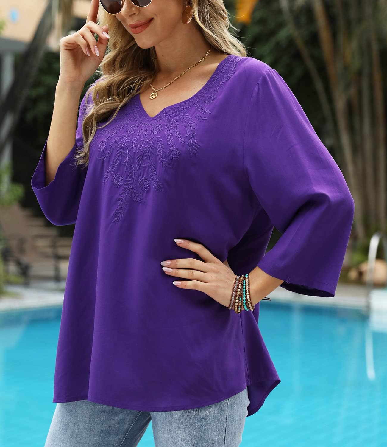 Higustar Women's Mexican Embroidered Tops Summer Peasant Solid Shirt Simple Elegant 3/4 Sleeve Casual Loose Tunic Blouses - Image 3
