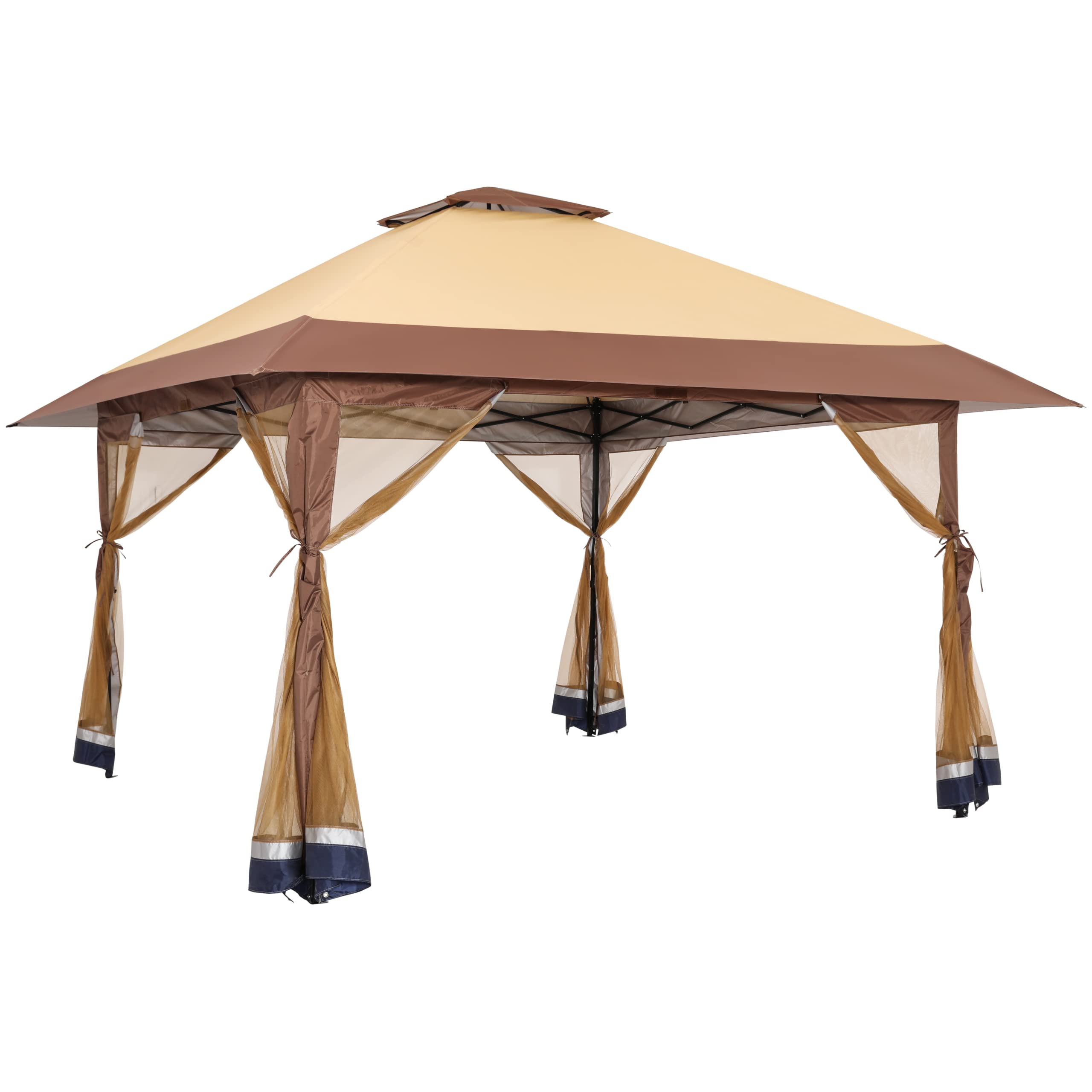Suntime 13x13 Instant Pop Up Gazebo Canopy Tent Shelter with Zippered Mesh Mosquito Netting, Wheeled Roller Carry Bag, Bonus Weight Sandbags, Stakes, Ropes - Khaki