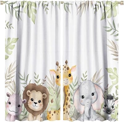 Nursery Curtains Jungle Safari Theme with Giraffe Print, Kids Room Classroom Decor, 42x45 Inches…