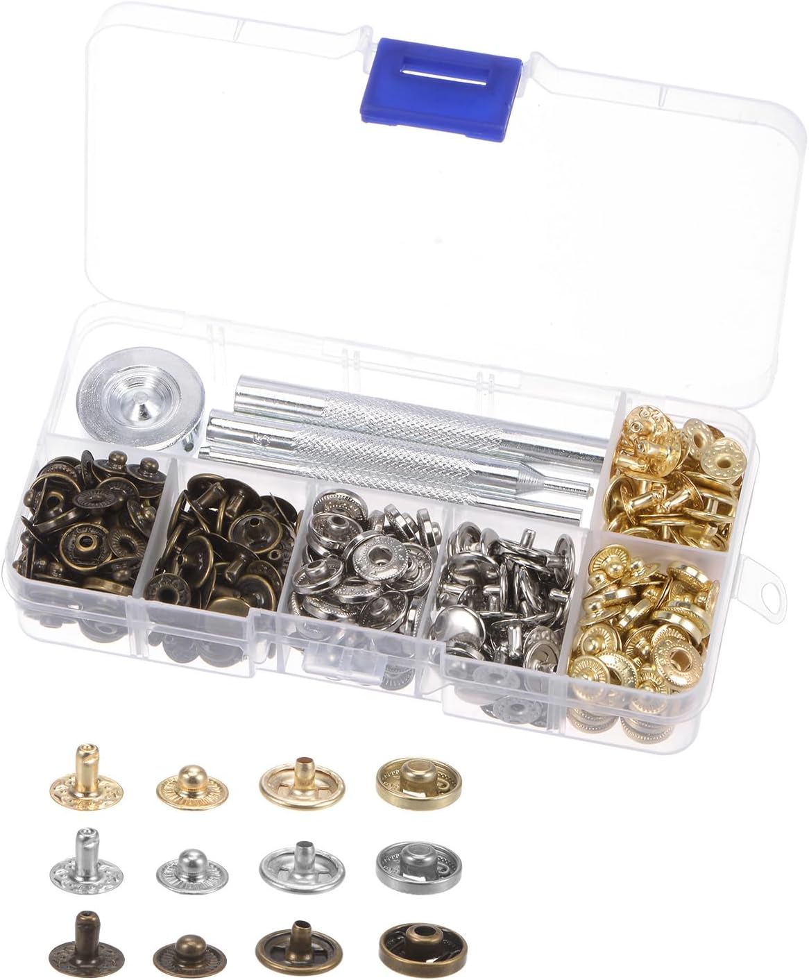 HARFINGTON 2 Boxes 90 Sets/Box Snap Fasteners Kit 10mm Metal Press Studs Buttons Tool with 4 Setter Tools & Storage Box for Clothing Leather Sewing
