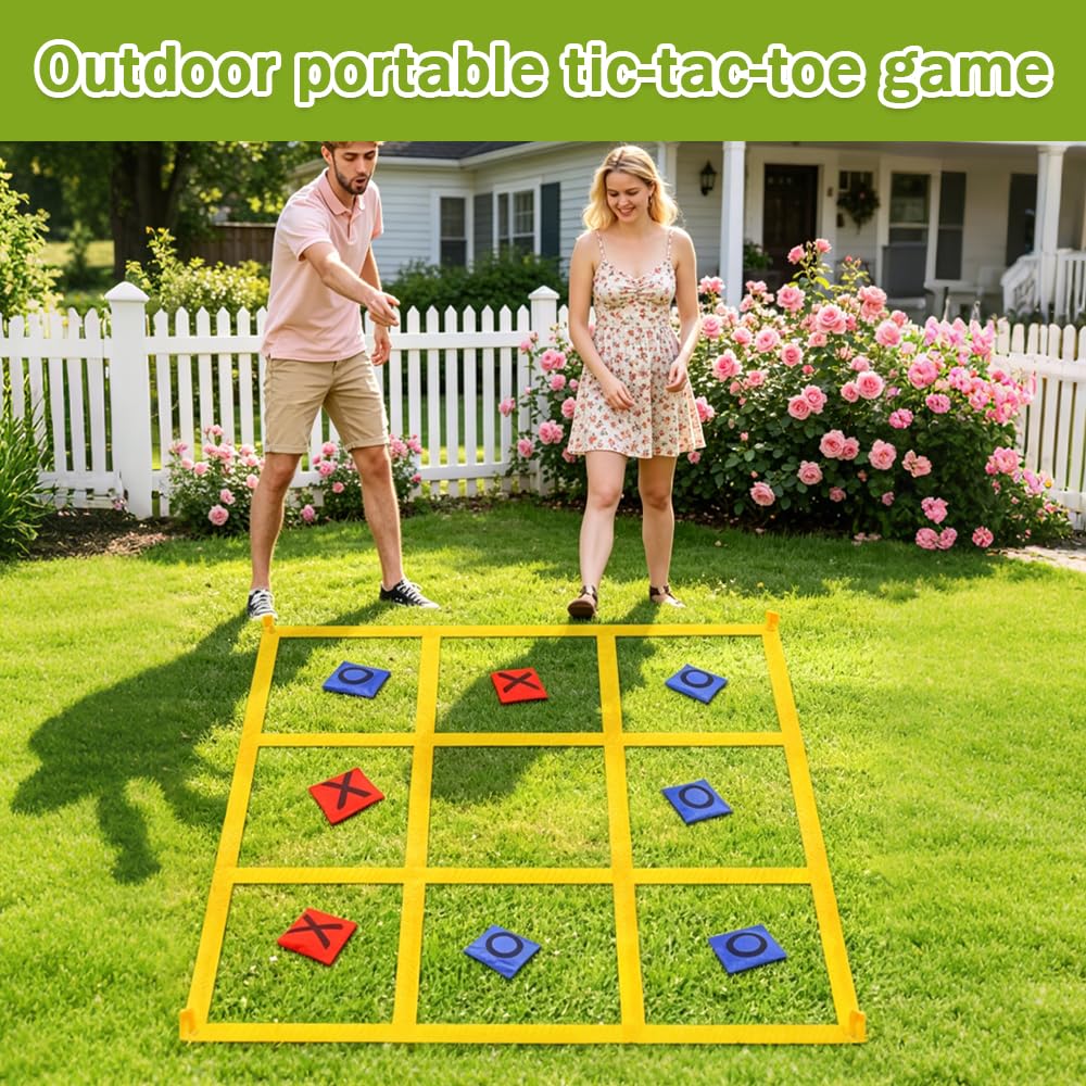 Riesiges Tic Tac Toe Outdoor Spielset für Kinder und Erwachsene, 1,2m Faltbares Wurfspiel mit 10 Bohnensäckchen und 4 Heringen, Tragbar Sackwerfen Spiel für Garten, Strand und Camping