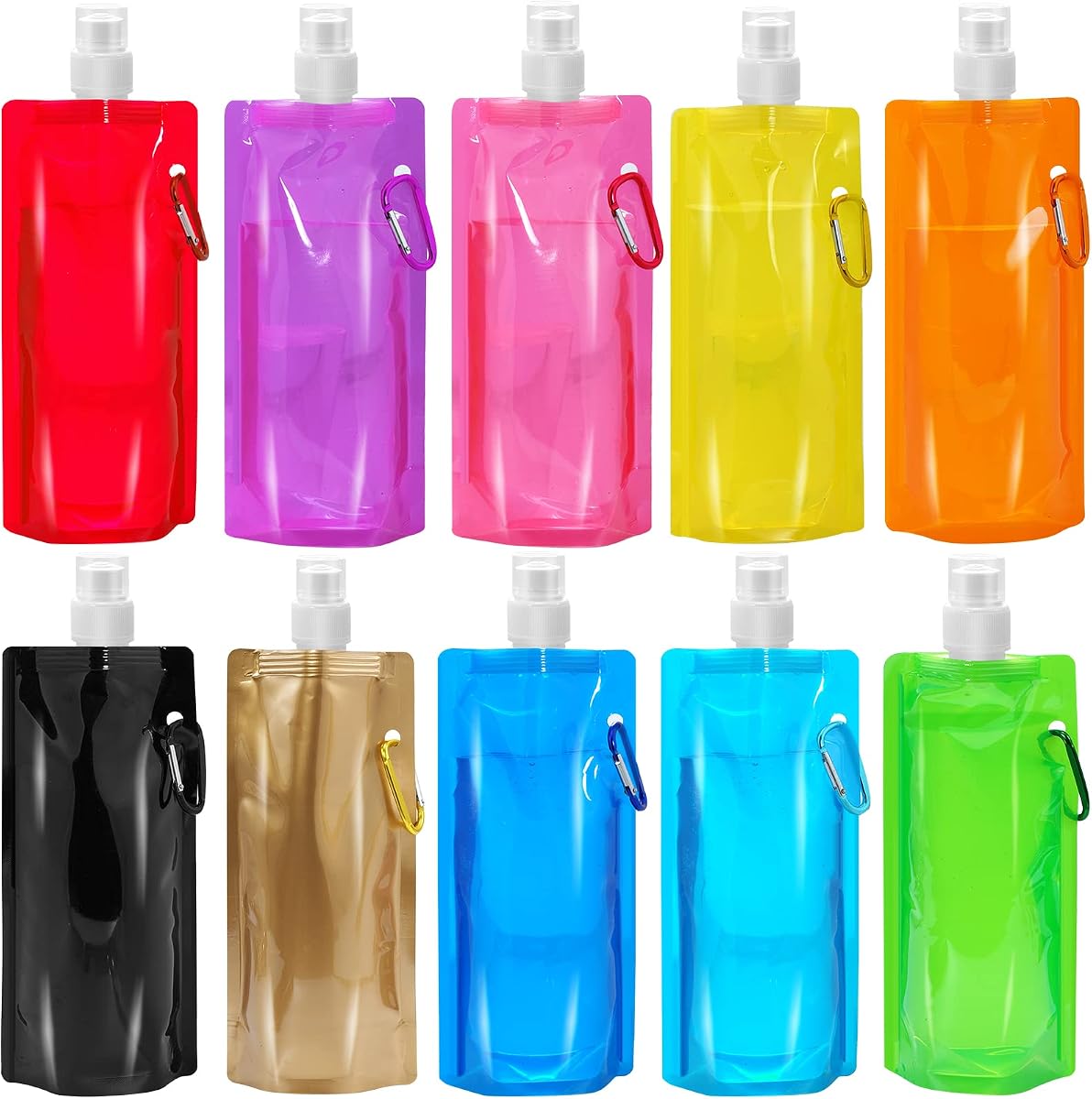 10 Pcs Foldable Water Bottle, 480ml, Collapsible, Leak Proof | Reusable Drinking Bags, BPA Free, with Carabiner for Travel, Gym, Camping, Hiking