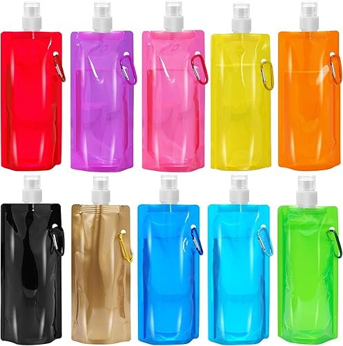 10 botellas de agua plegables plegables de 16.2 fl oz, a prueba de fugas con mosquetón, sin BPA, bolsas reutilizables para viajes, gimnasio,