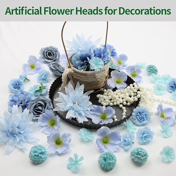 56 PCS Blue Mini Artificial Flowers Heads Assorted for Crafts