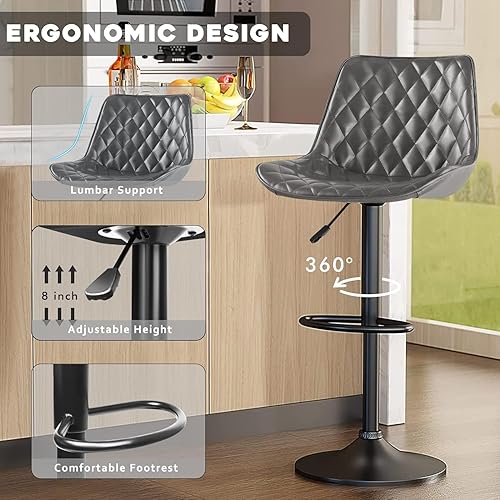 Miniatura 2 de Waleaf Juego de 4 taburetes de bar, taburetes de bar de cuero de altura de mostrador ajustable con respaldo, moderna silla de bar giratoria sin