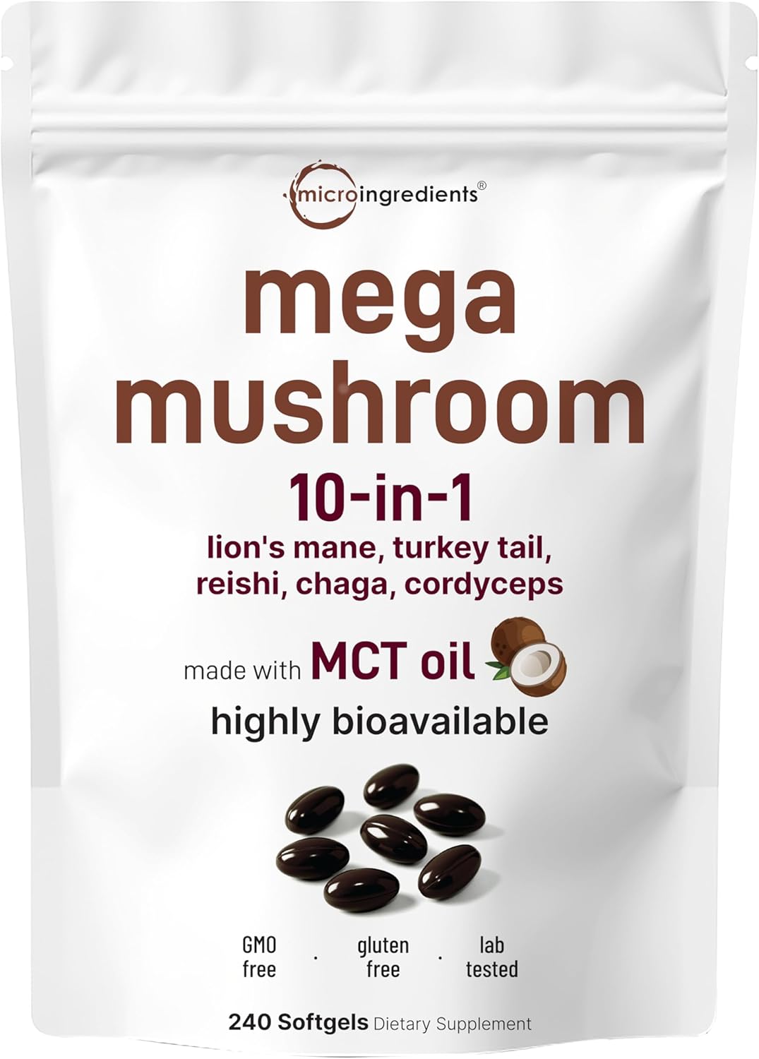 Micro Ingredients 10‑in‑1 Mega Mushroom Complex Supplement – Lions Mane, Cordyceps, Reishi, Chaga & More – 240 Softgels with MCT Oil – 4 Month Supply – Adaptogenic Functional Mushroom Blend