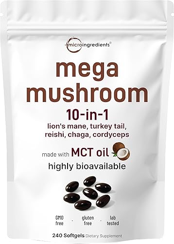 Suplemento de mega hongos  240 cápsulas blandas con aceite MCT para una mejor absorción  Complejo definitivo 10 en 1 con chaga, melena de león,