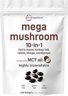 Micro Ingredients 10‑in‑1 Mega Mushroom Complex Supplement – Lions Mane, Cordyceps, Reishi, Chaga & More – 240 Softgels with MCT Oil – 4 Month Supply – Adaptogenic Functional Mushroom Blend
