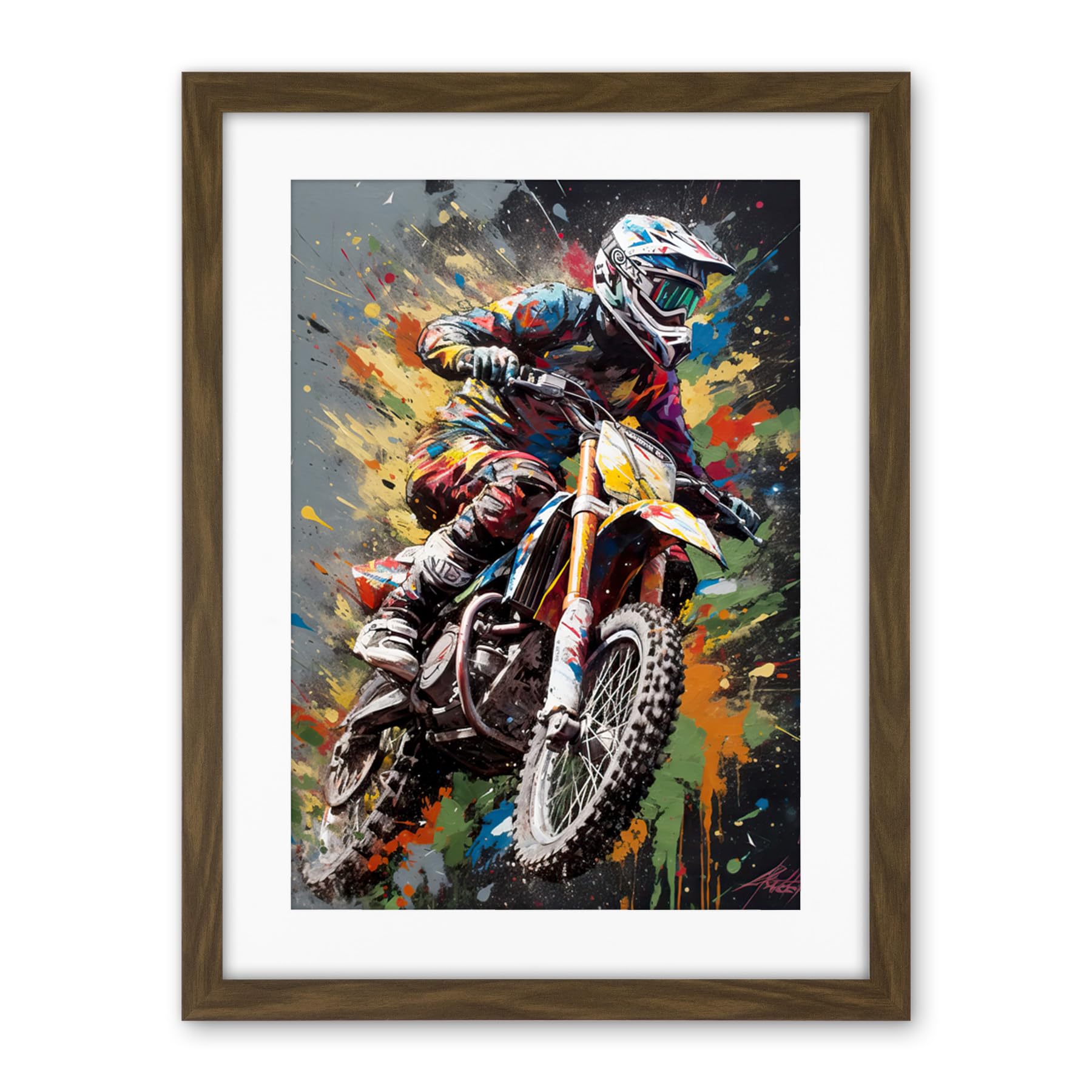 Artery8 Dirt Bike Sport Splatter Paint Motocross Rider Artwork Framed Wall Art Print 18X24 Inch