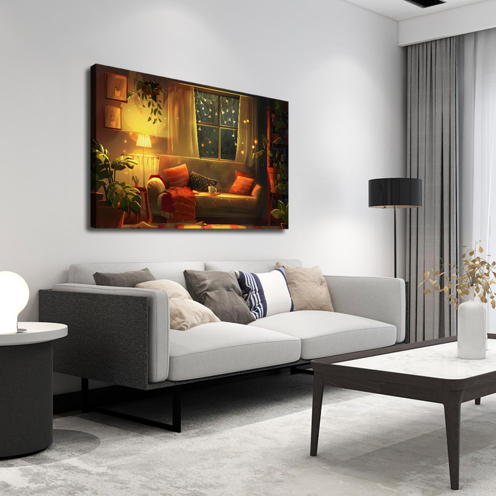 UIRINGART Hiver Chaud Maison Toile Toile Art Nouvel An Décoration Murale Oeuvre d’art Affiche Vert Plantes Peinture sur toile pour étude Chambre Salon 50x80cm Cadre intérieur
